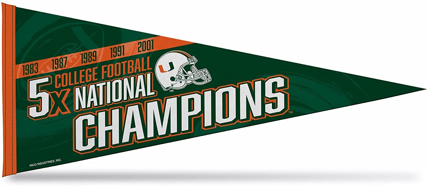 University of Miami Hurricanes 5-Time Champions Soft Felt Pennant, 12x30 Inch, Easy To Hang