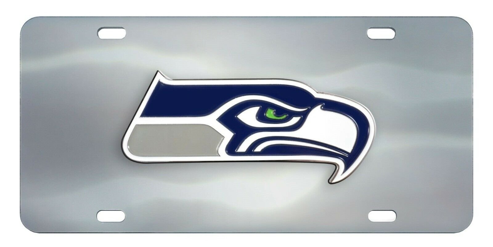 Seattle Seahawks License Plate Tag, Premium Stainless Steel Diecast, Chrome, Raised Solid Metal Color Emblem, 6x12 Inch