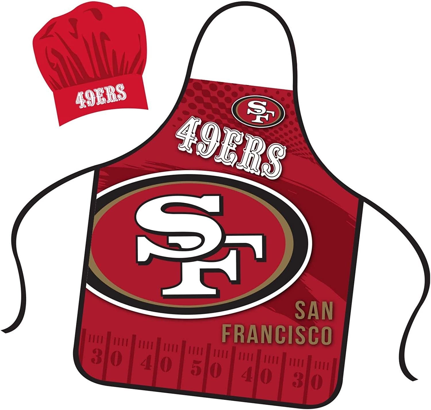 San Francisco 49ers Apron Chef Hat Set Full Color Universal Size Tie Back Grilling Tailgate BBQ Cooking Host