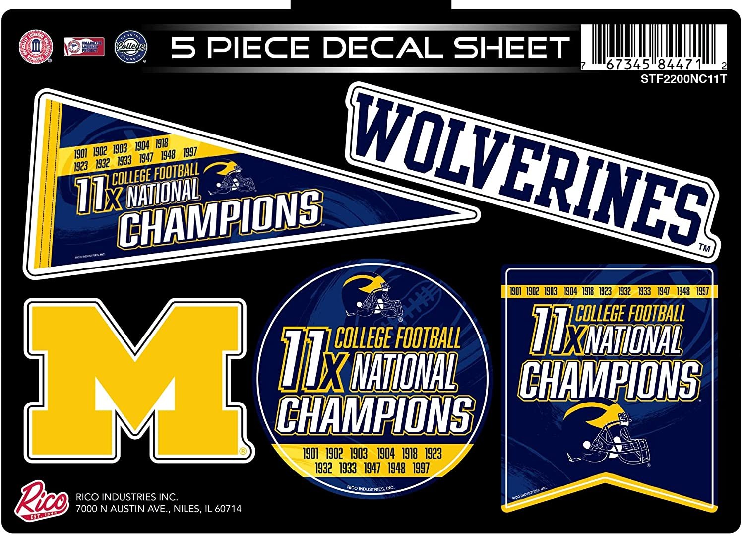 Michigan Wolverines 11X Time Champions Decal Sticker Multi Sheet 5 Piece Flat Vinyl Emblem University of