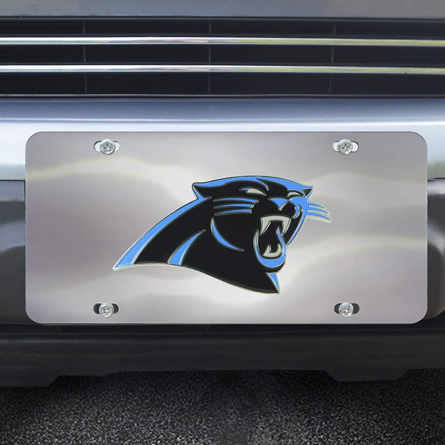 Carolina Panthers License Plate Tag, Premium Stainless Steel Diecast, Chrome, Raised Solid Metal Color Emblem, 6x12 Inch