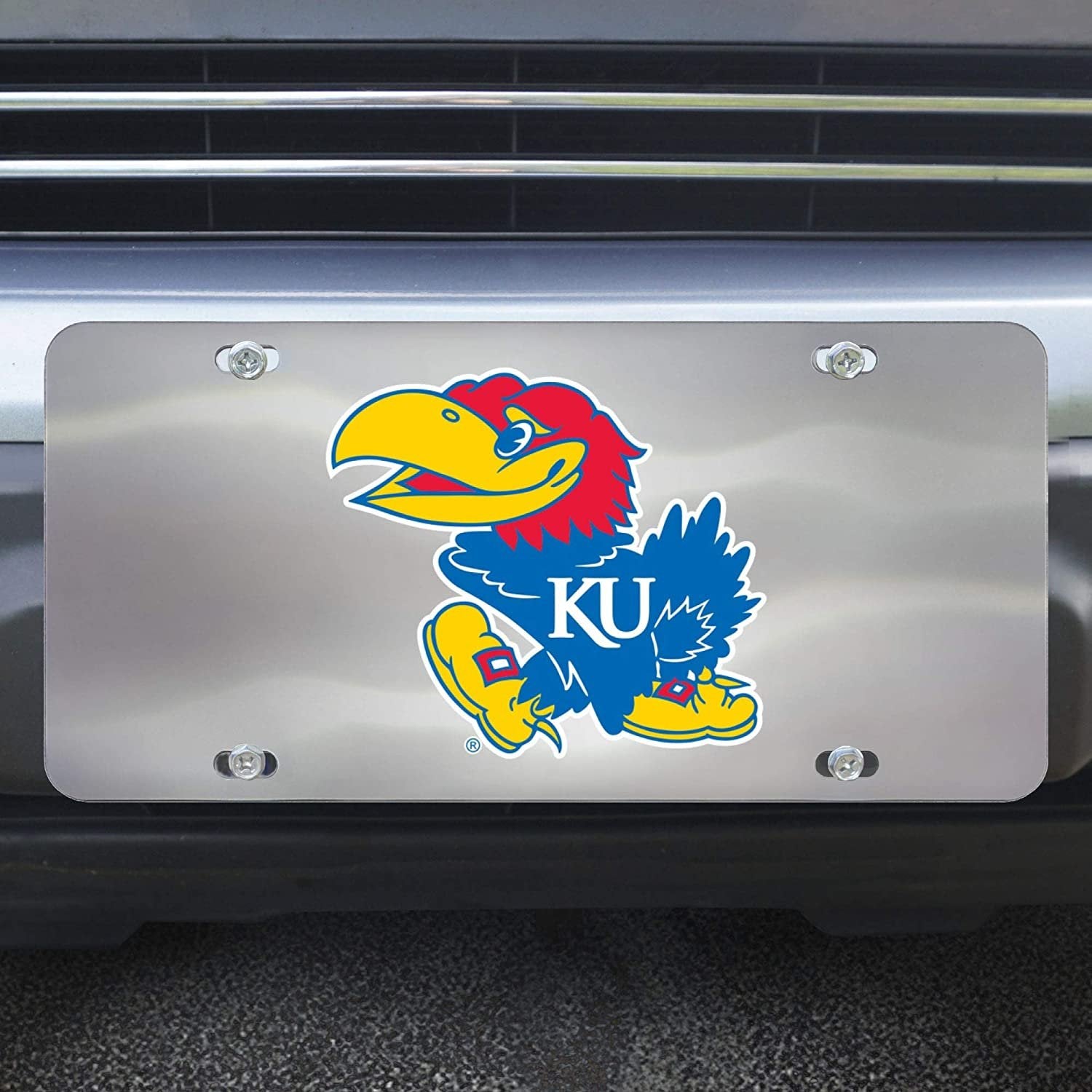 University of Kansas Jayhawks License Plate Tag, Premium Stainless Steel Diecast, Chrome, Raised Solid Metal Color Emblem, 6x12 Inch