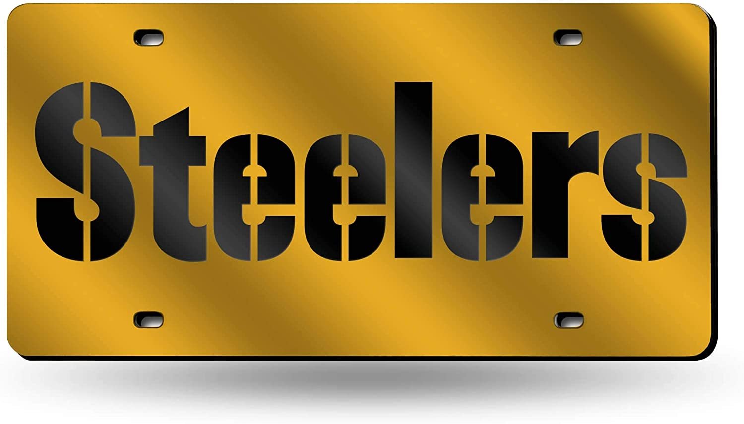 Pittsburgh Steelers Premium Laser Cut Tag License Plate, Yellow Script, Mirrored Acrylic Inlaid, 12x6 Inch