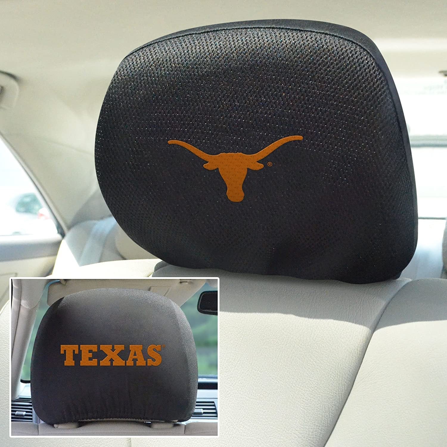 University of Texas Longhorns Pair of Premium Auto Head Rest Covers, Embroidered, Black Elastic, 14x10 Inch