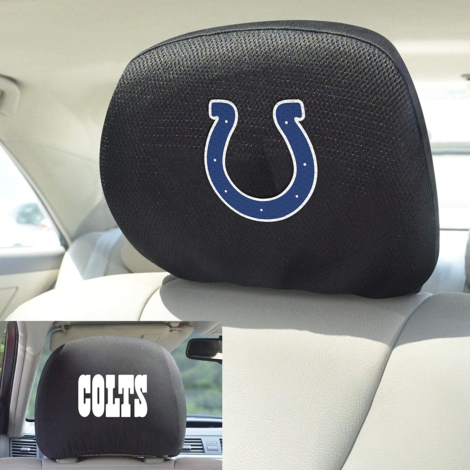 Indianapolis Colts Pair of Premium Auto Head Rest Covers, Embroidered, Black Elastic, 14x10 Inch