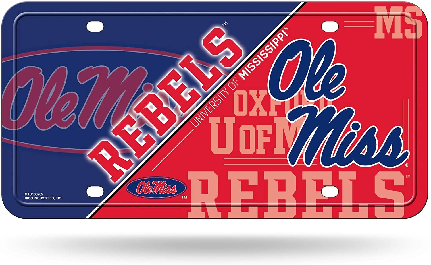 University of Mississippi Rebels Ole Miss Metal Auto Tag License Plate, Split Design, 6x12 Inch