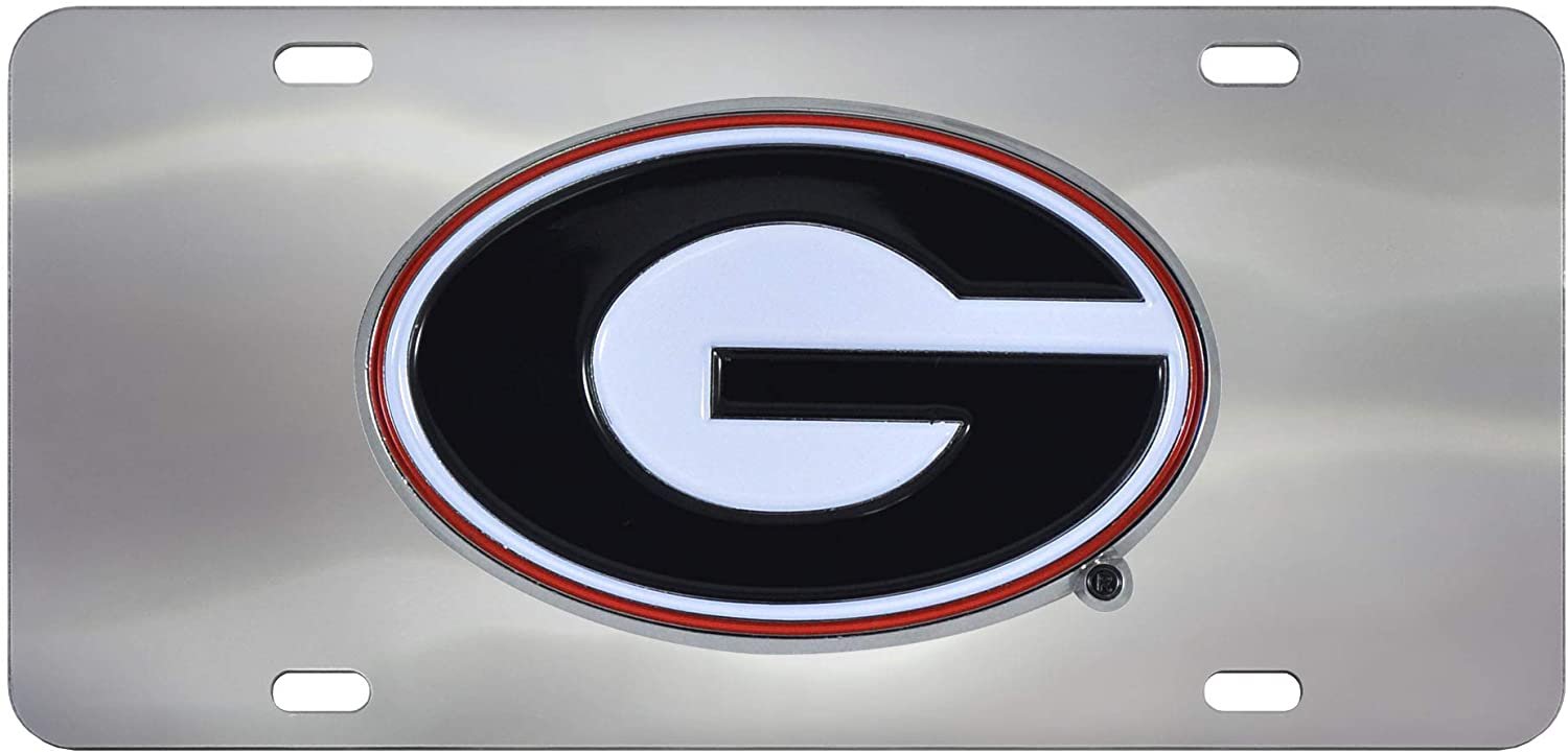 University of Georgia Bulldogs License Plate Tag, Premium Stainless Steel Diecast, Chrome, Raised Solid Metal Color Emblem, 6x12 Inch