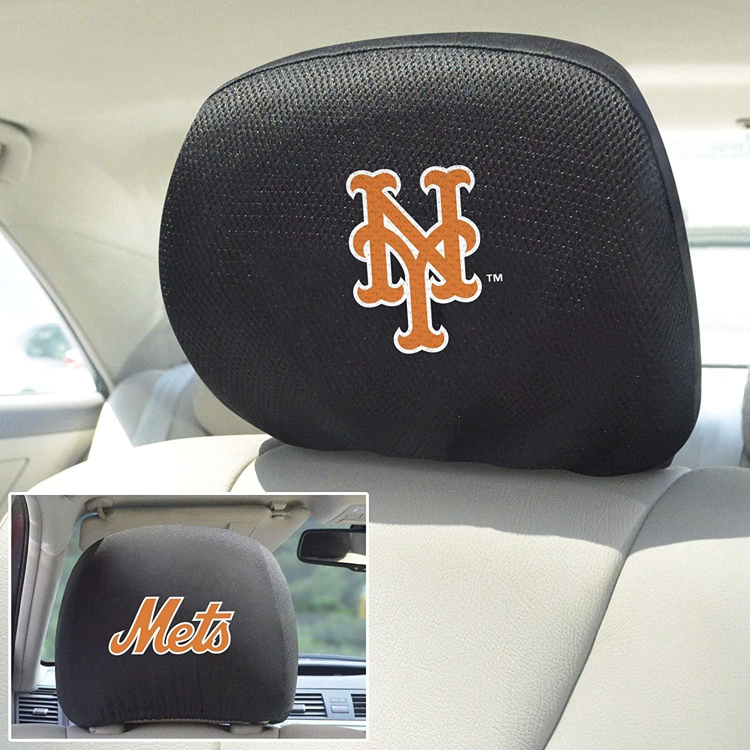 New York Mets Pair of Premium Auto Head Rest Covers, Embroidered, Black Elastic, 14x10 Inch