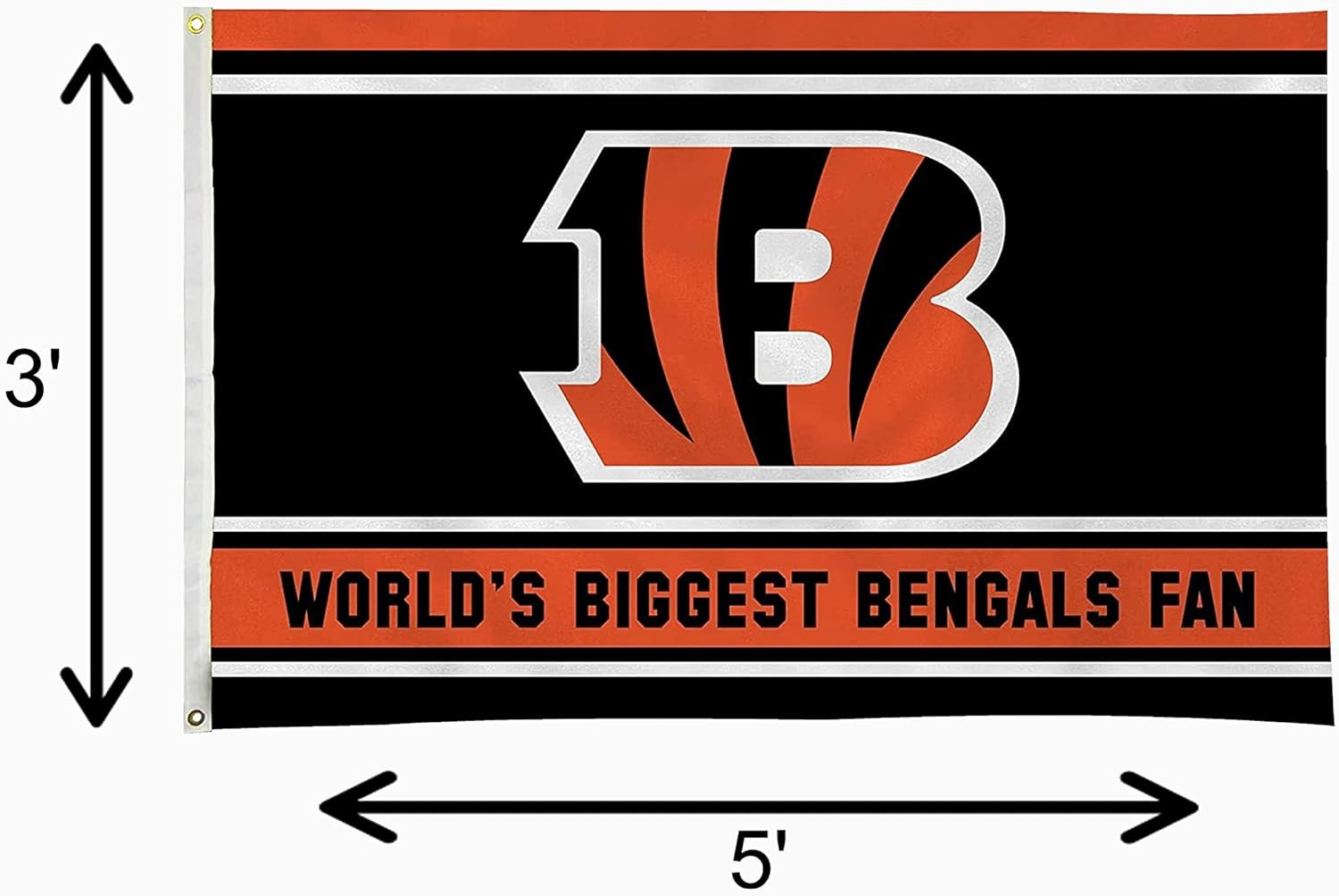 Cincinnati Bengals 3x5 Feet Flag Banner, World's Biggest Fan, Metal Grommets, Single Sided, Indoor or Outdoor Use