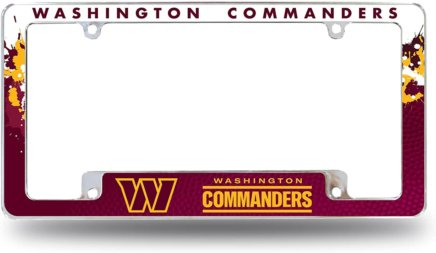 Washington Commanders Metal License Plate Frame Chrome Tag Cover, All Over Design, 12x6 Inch