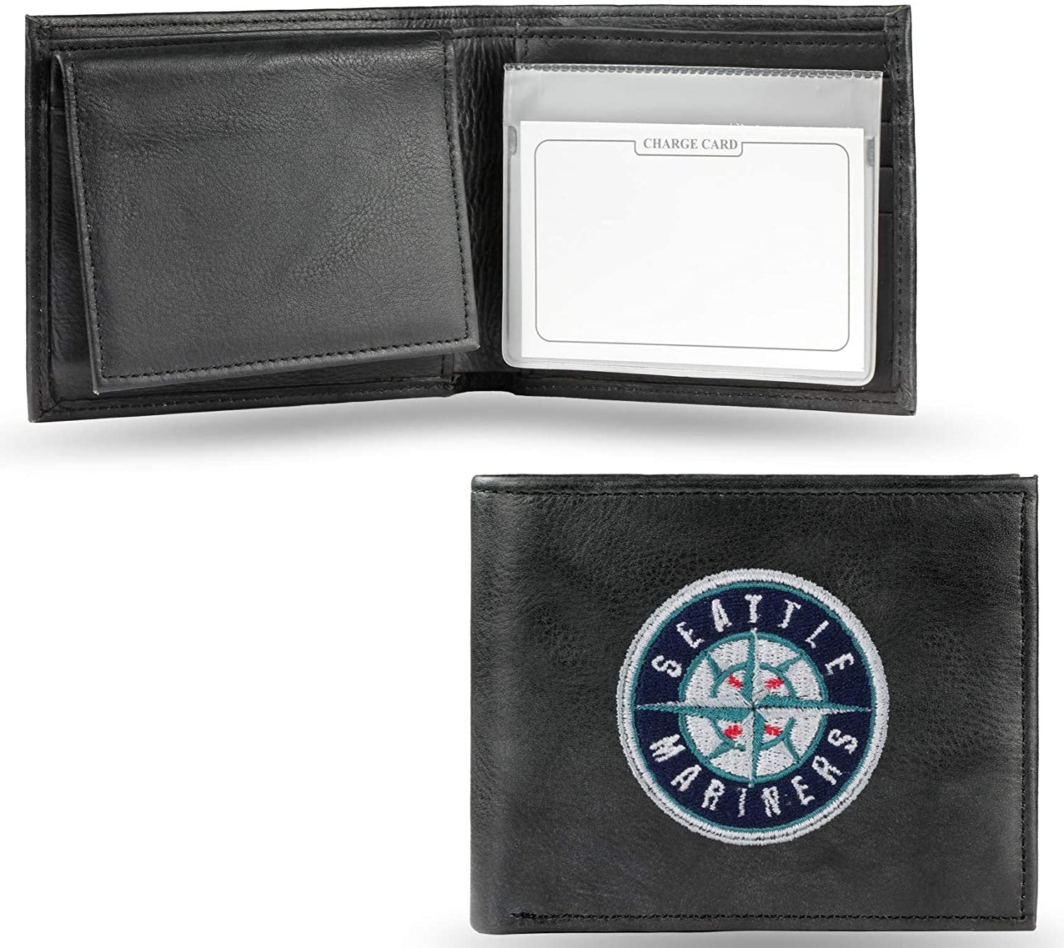 Seattle Mariners Premium Black Leather Wallet, Bifold Billfold, Embroidered Logo