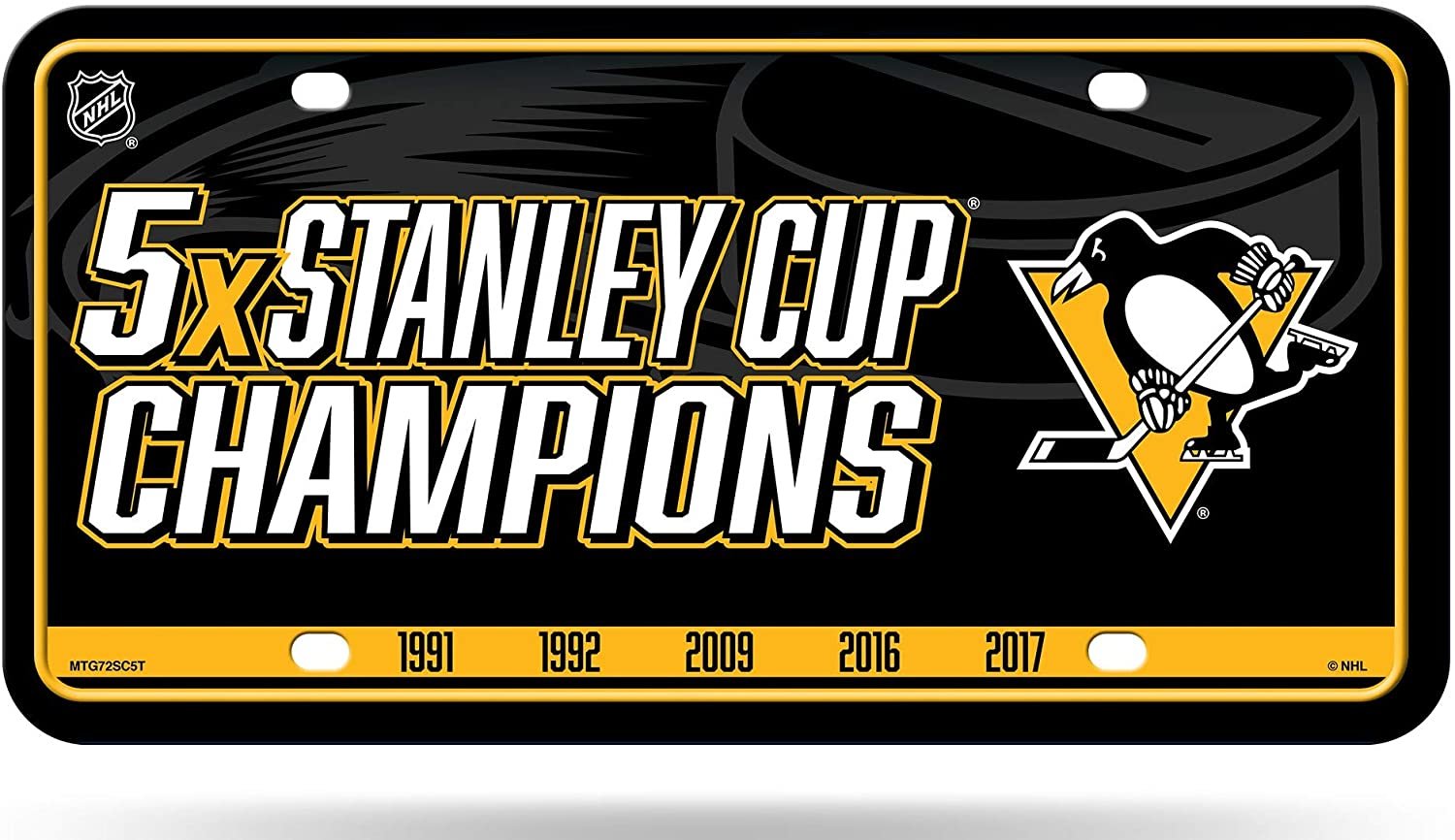 Pittsburgh Penguins Metal Auto Tag License Plate, 5-Time Stanley Cup Champions, 6x12 Inch