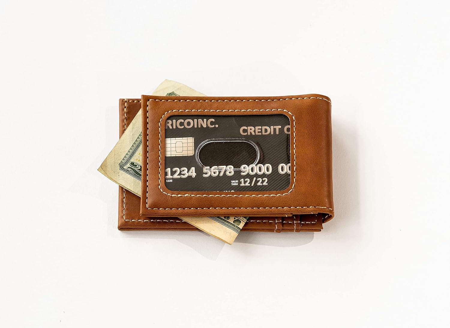 Carolina Panthers Premium Brown Leather Wallet, Front Pocket Magnetic Money Clip, Laser Engraved, Vegan