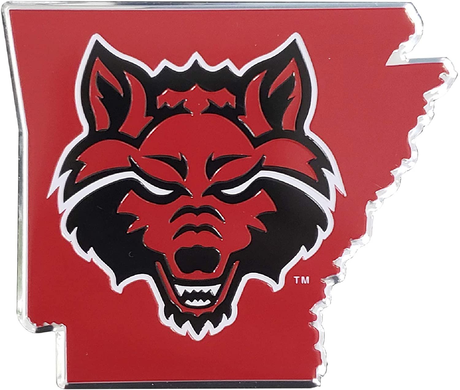 Arkansas State University Red Wolves State DesignAuto Emblem, Aluminum Metal, Embossed Team Color, Raised Decal Sticker, Full Adhesive Backing