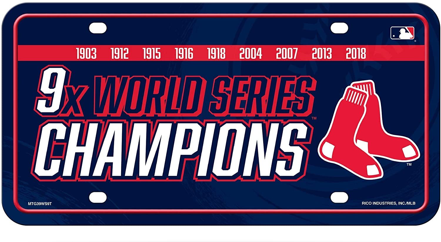 Boston Red Sox Metal Auto Tag License Plate, 9-Time World Series Champions, 6x12 Inch