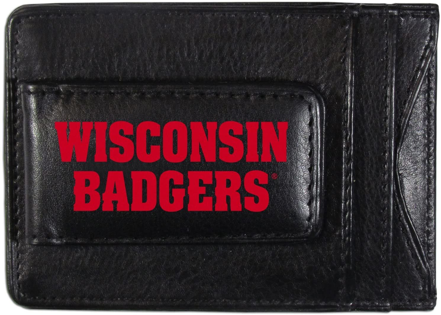 University of Wisconsin Badgers Black Leather Wallet, Front Pocket Magnetic Money Clip, Printed Logo