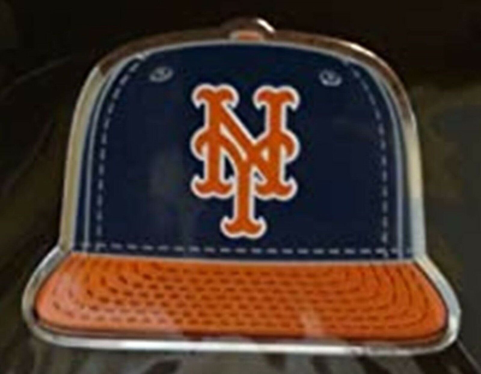 New York Mets Baseball Cap Auto Emblem, Aluminum Metal, Embossed Team Color, Raised Decal Sticker, Full Adhesive Backing