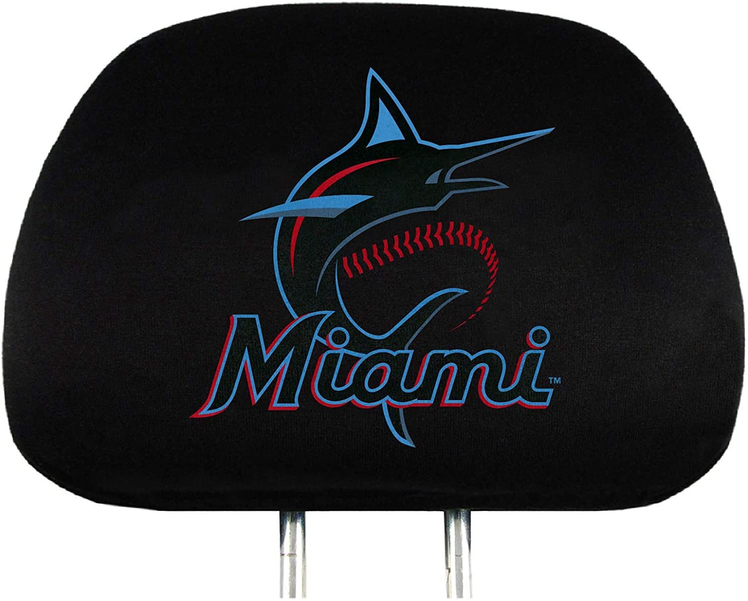 Miami Marlins Pair of Premium Auto Head Rest Covers, Embroidered, Black Elastic, 14x10 Inch