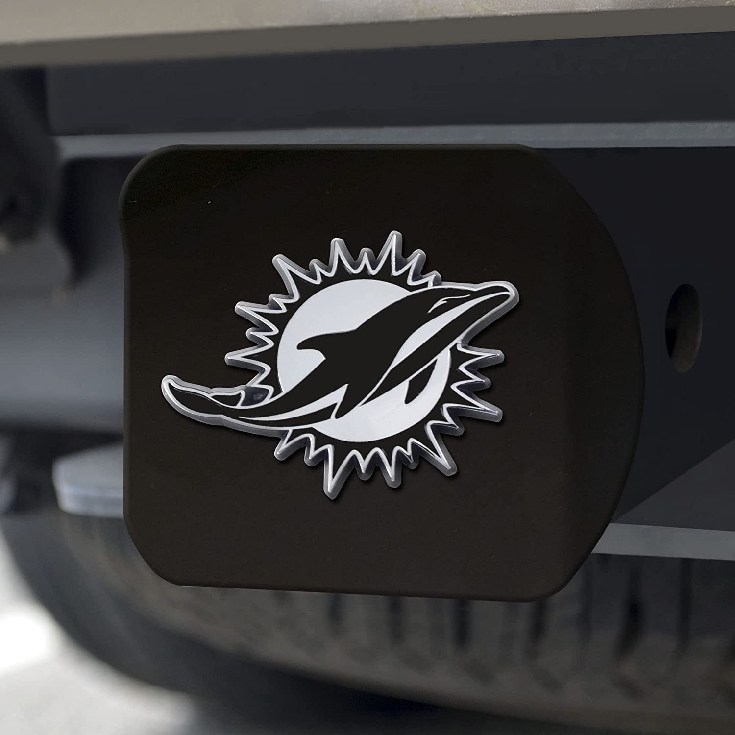 NFL Miami Dolphins Metal Hitch Cover, Black, 2" Square Type III Hitch Cover