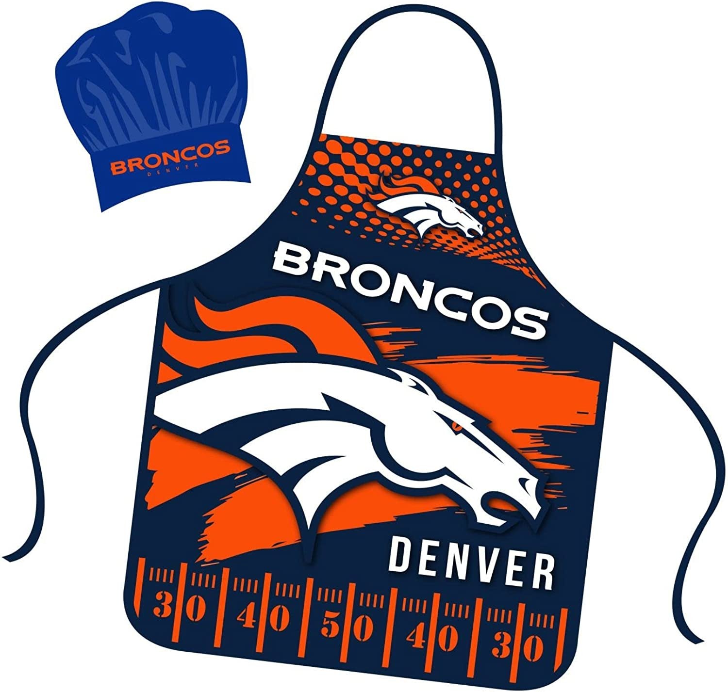 Denver Broncos Apron Chef Hat Set Full Color Universal Size Tie Back Grilling Tailgate BBQ Cooking Host
