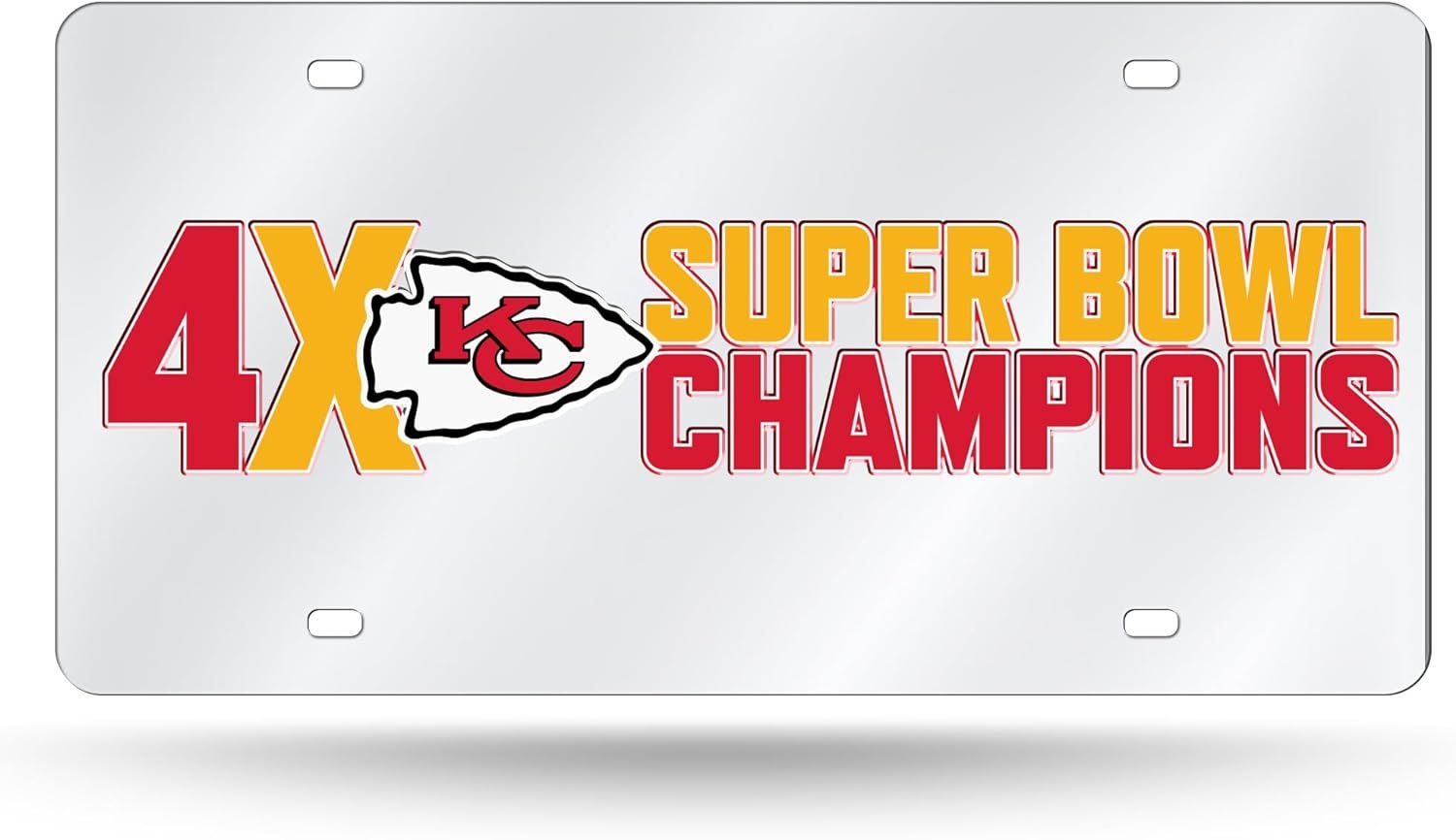Kansas City Chiefs 4X Super Bowl Champions Premium Laser Cut Tag License Plate, Mirrored Acrylic Inlaid, 12x6 Inch