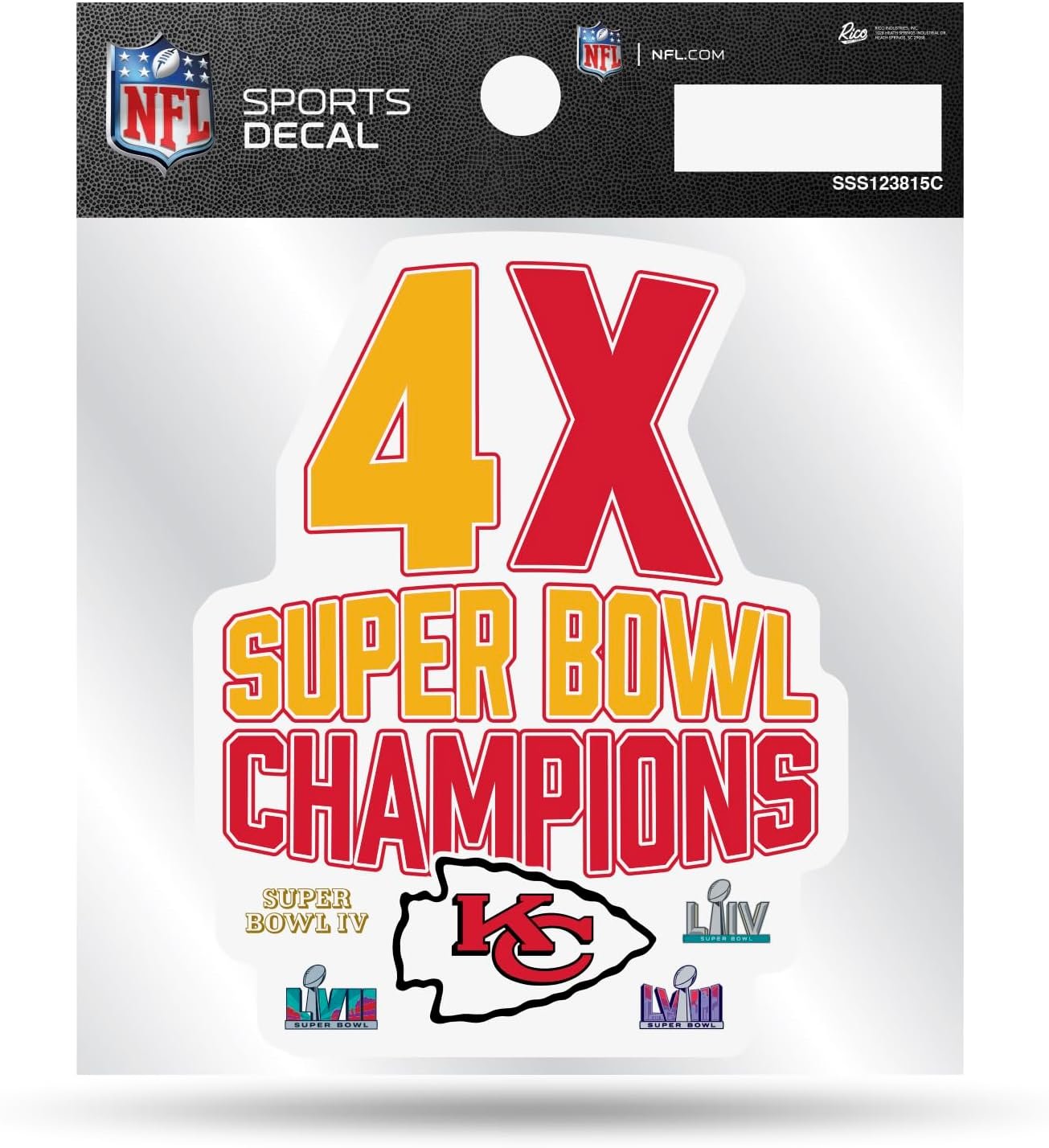 Kansas City Chiefs 4X Super Bowl Champions 4x4 Inch Decal Sticker, Flat Vinyl Die Cut, Peel & Stick Application