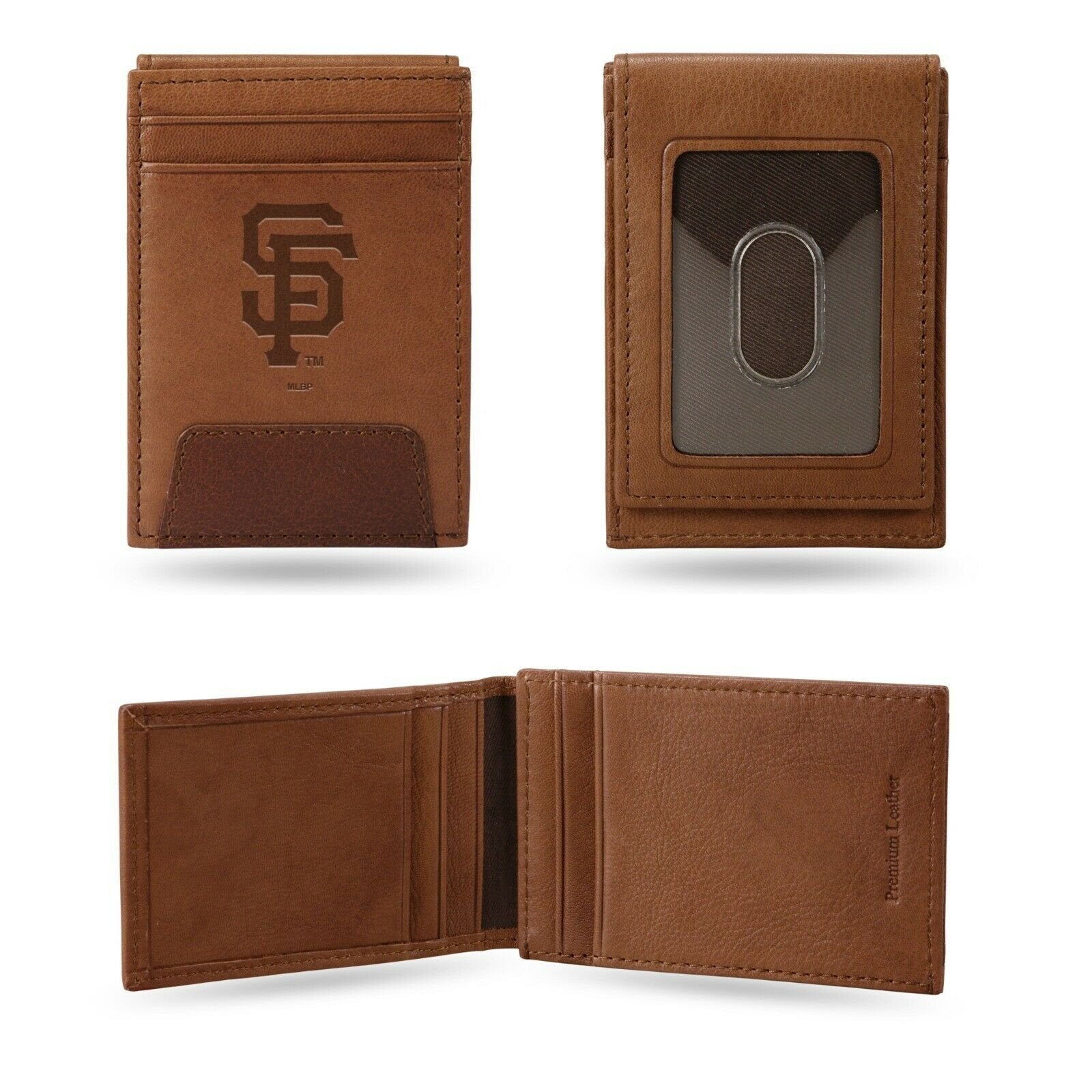 San Francisco Giants Premium Brown Leather Wallet, Front Pocket Magnetic Money Clip, Laser Engraved