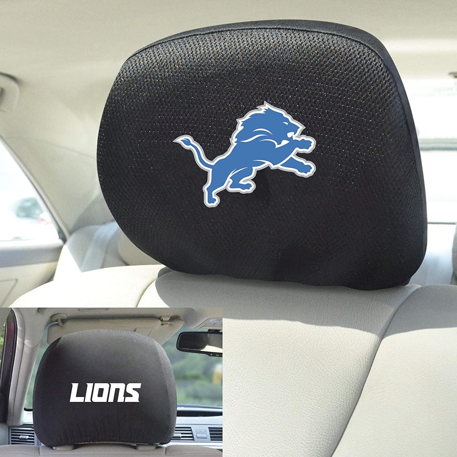 Detroit Lions Pair of Premium Auto Head Rest Covers, Embroidered, Black Elastic, 14x10 Inch