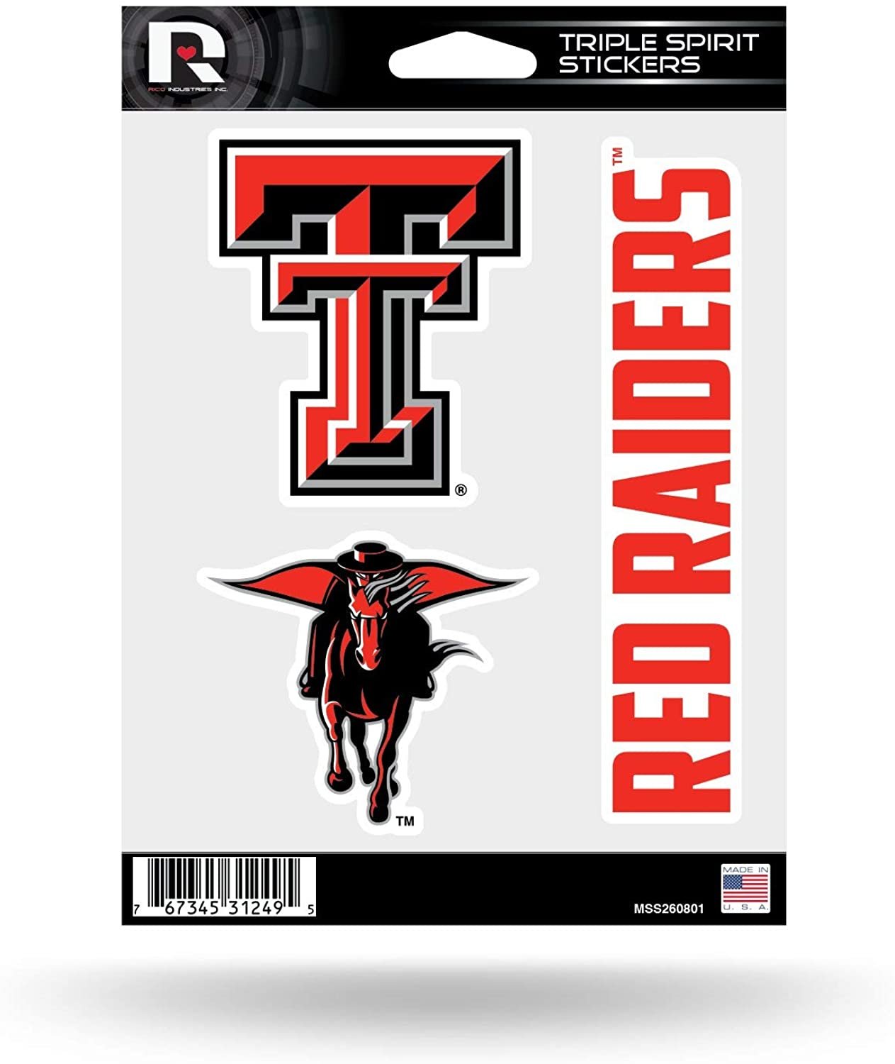 Texas Tech University Red Raiders 3 Piece Decal Sheet Triple Sticker