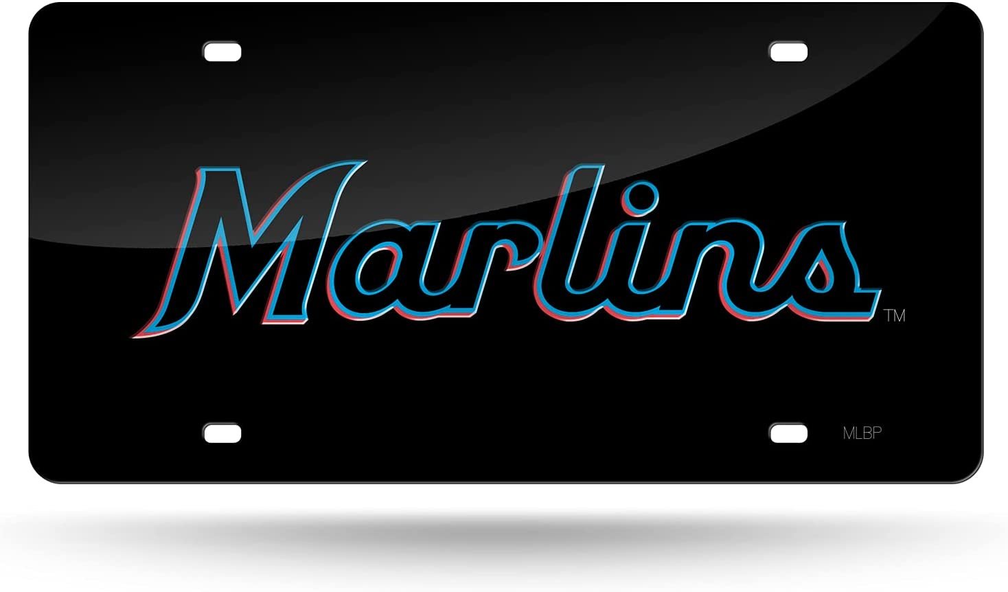 Miami Marlins Premium Laser Cut Tag License Plate, Black Script, Mirrored Acrylic Inlaid, 12x6 Inch