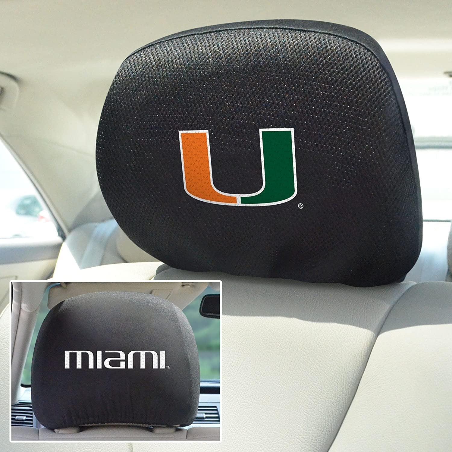 University of Miami Hurricanes Pair of Premium Auto Head Rest Covers, Embroidered, Black Elastic, 14x10 Inch