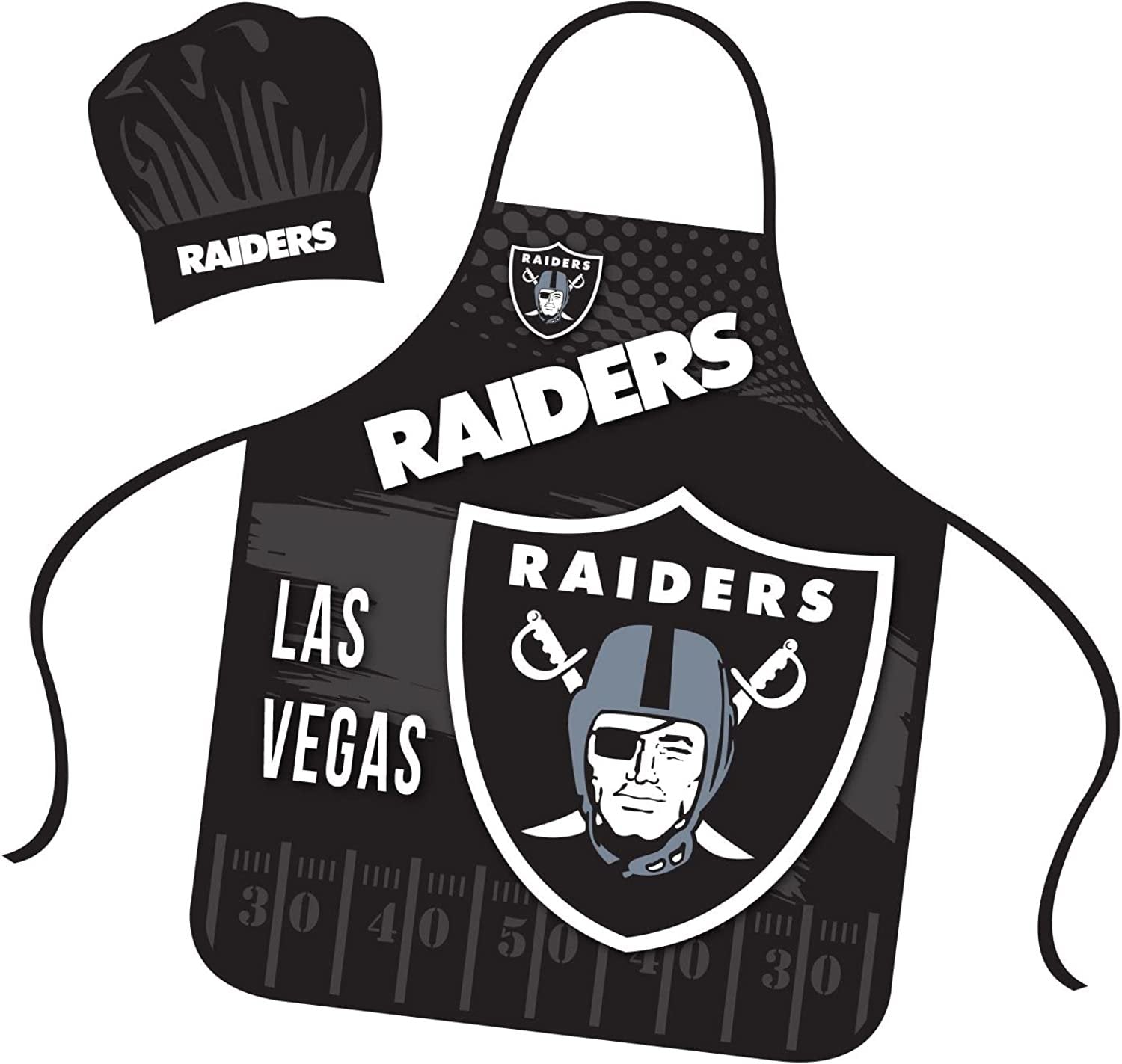 Las Vegas Raiders Apron Chef Hat Set Full Color Universal Size Tie Back Grilling Tailgate BBQ Cooking Host