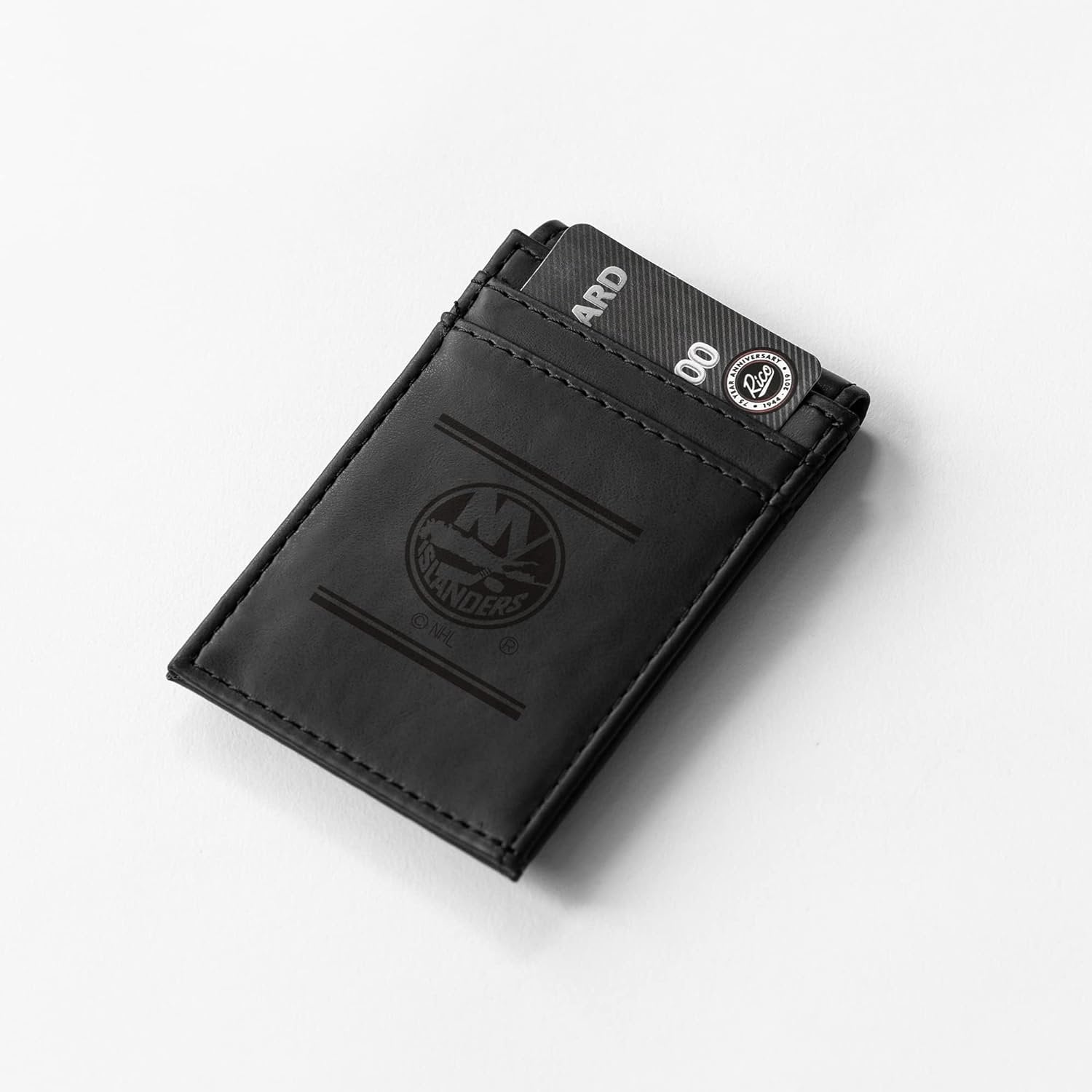 New York Islanders Premium Black Leather Wallet, Front Pocket Magnetic Money Clip, Laser Engraved, Vegan