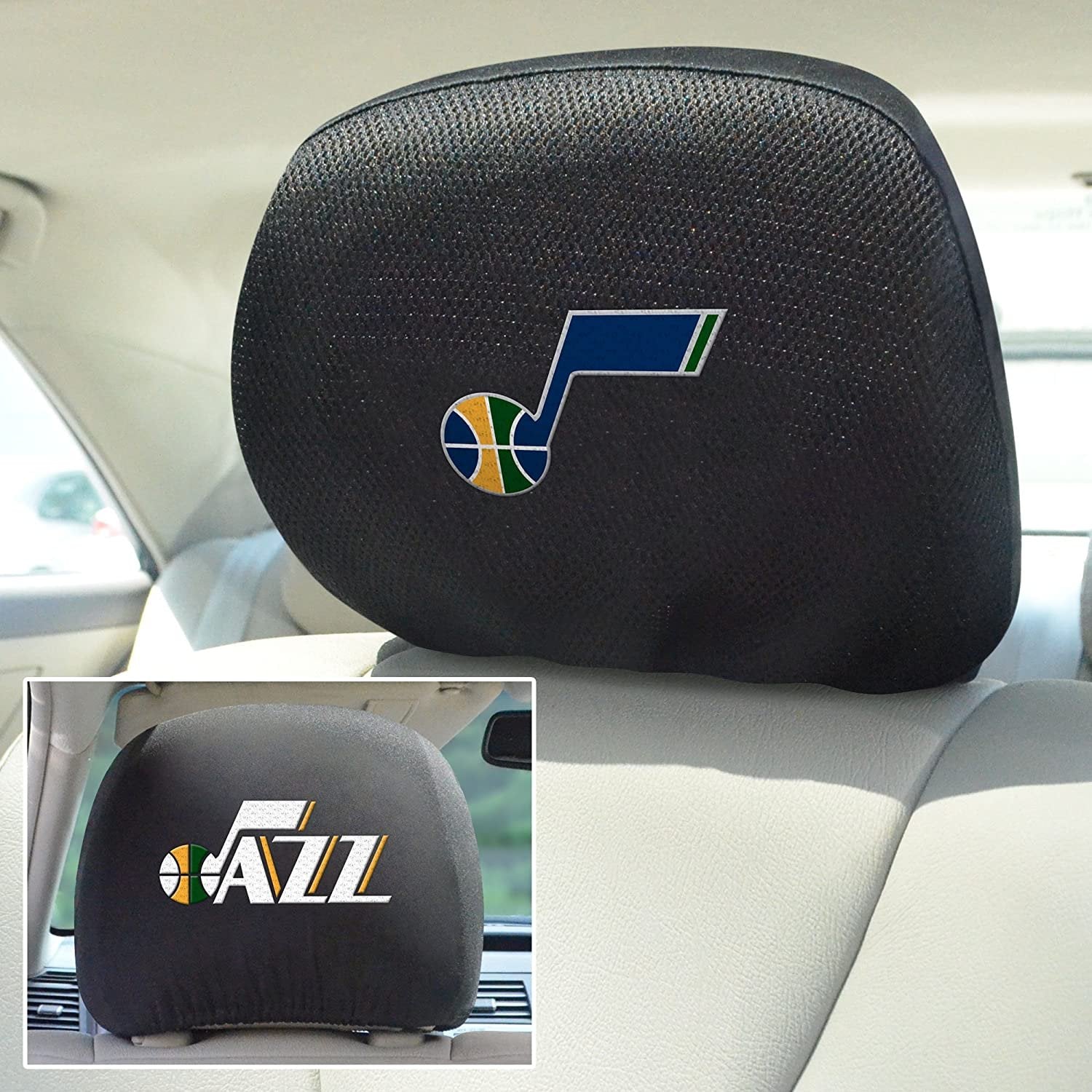 Utah Jazz Pair of Premium Auto Head Rest Covers, Embroidered, Black Elastic, 14x10 Inch
