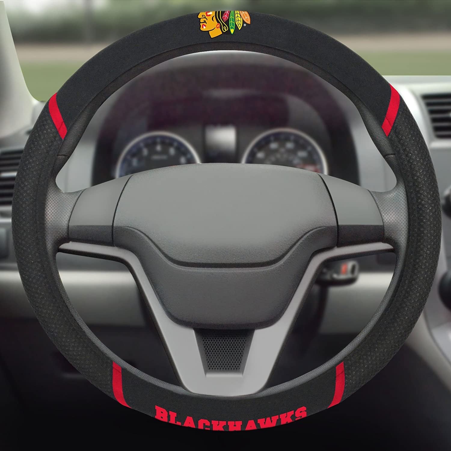 Chicago Blackhawks Steering Wheel Cover Premium Embroidered Black 15 Inch