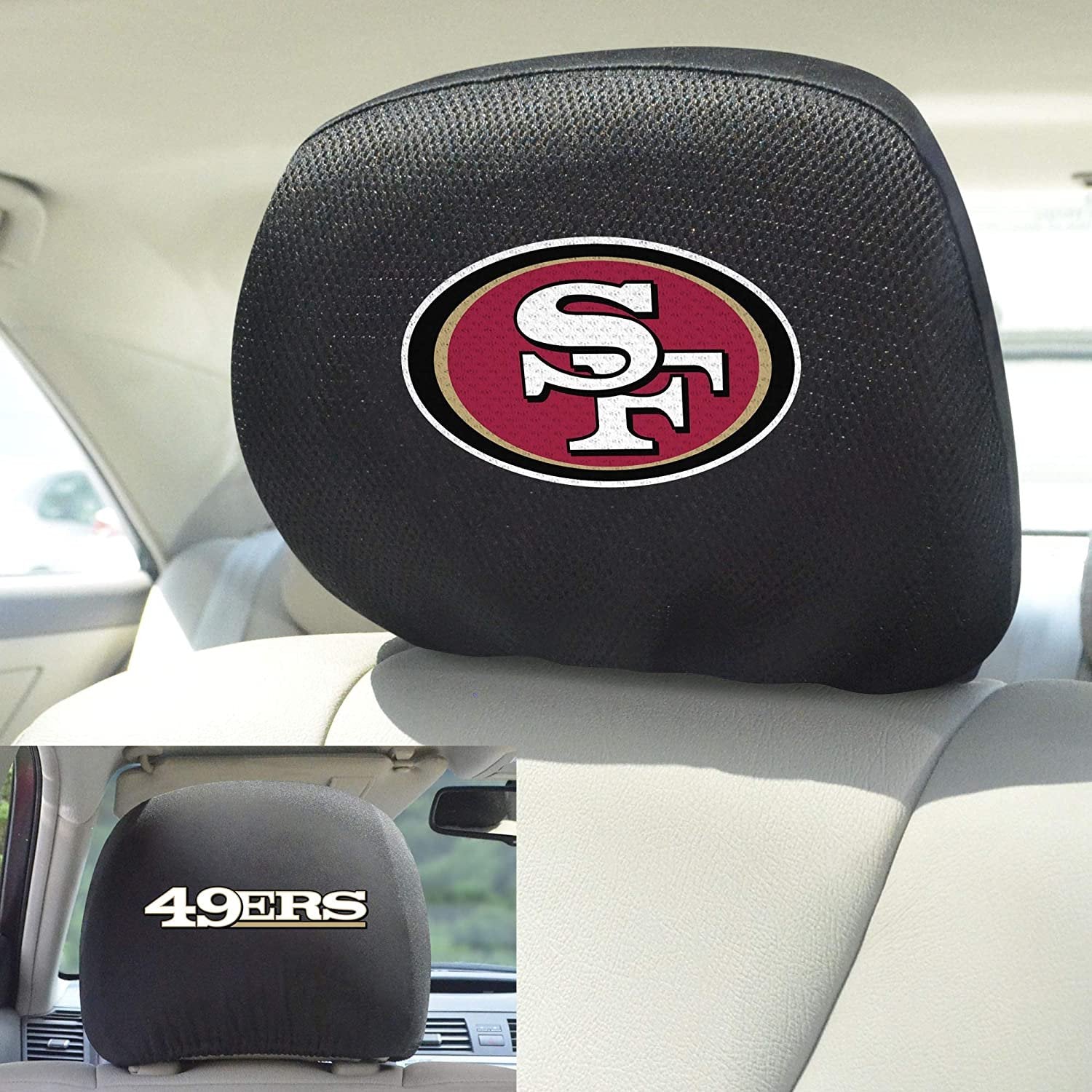San Francisco 49ers Pair of Premium Auto Head Rest Covers, Embroidered, Black Elastic, 14x10 Inch