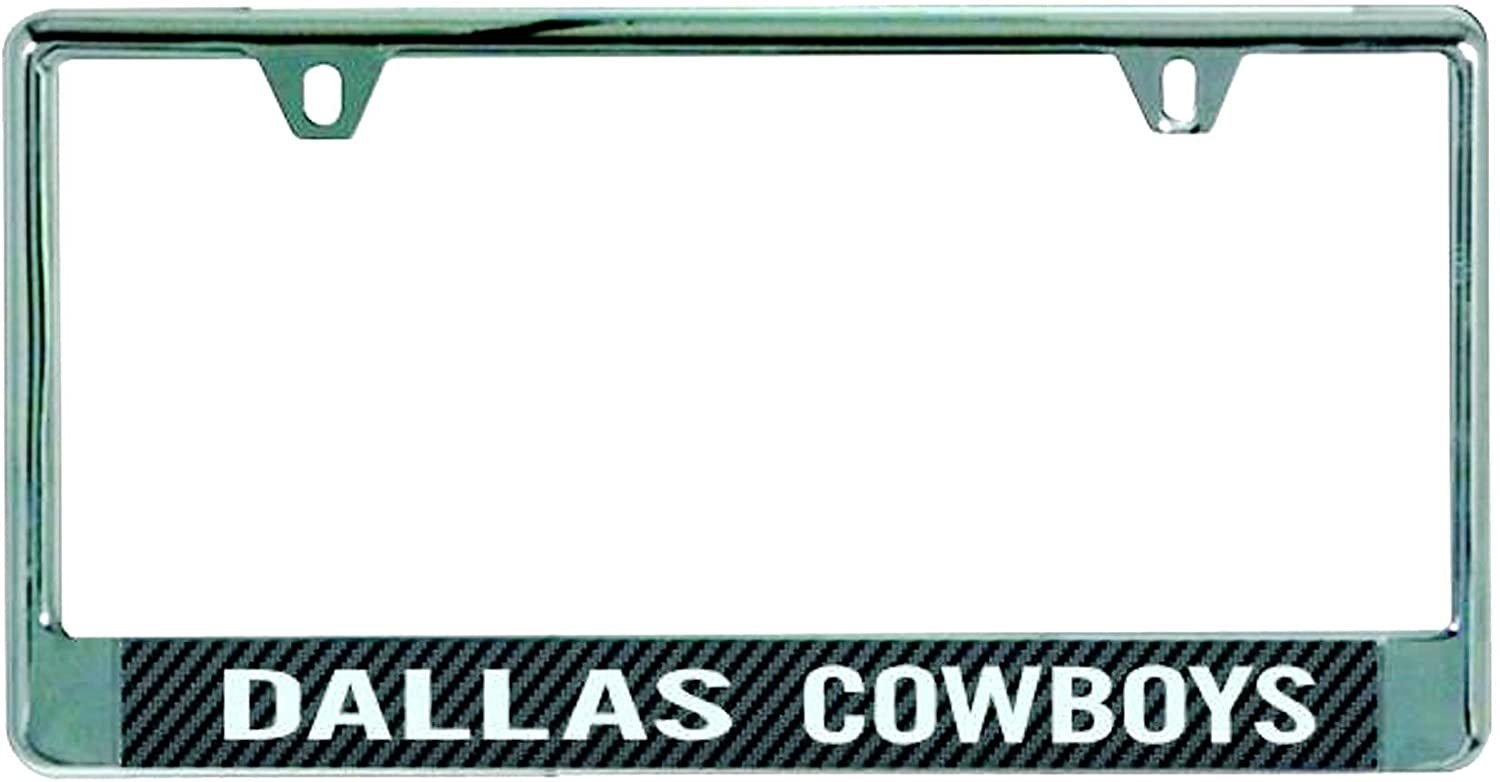 Dallas Cowboys Metal License Plate Frame Chrome Tag Cover, Laser Acrylic Mirrored Inserts, Carbon Fiber Design, 12x6 Inch