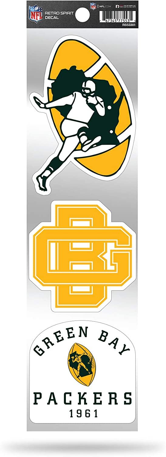 Green Bay Packers 3-Piece Retro Decal Sticker Sheet, Die Cut, Clear Backing, 3x12 Inch