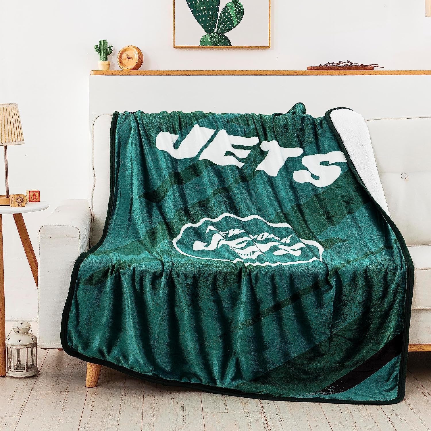 New York Jets Throw Blanket, Sherpa Raschel Polyester, Silk Touch Style, Velocity Design, 50x60 Inch