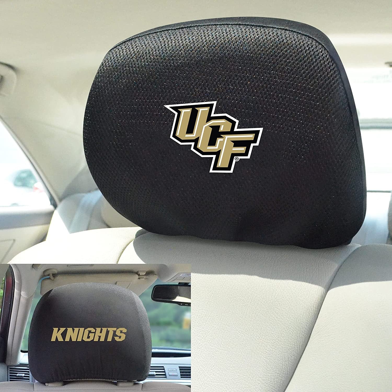 University of Central Florida Knights UCF Pair of Premium Auto Head Rest Covers, Embroidered, Black Elastic, 14x10 Inch