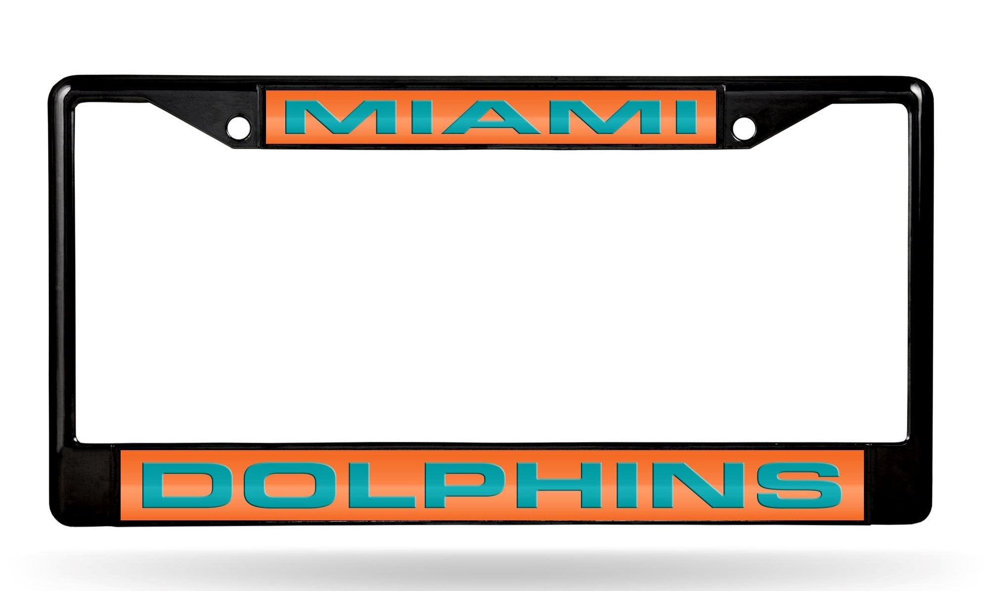 Miami Dolphins Black Metal License Plate Frame Tag Cover, Laser Acrylic Mirrored Inserts, 12x6 Inch