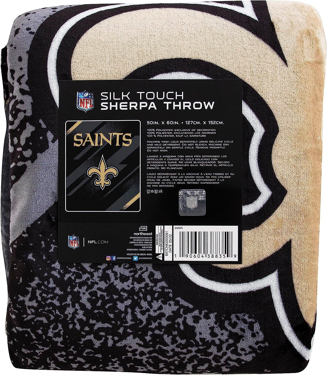 New Orleans Saints Throw Blanket, Sherpa Raschel Polyester, Silk Touch Style, Velocity Design, 50x60 Inch