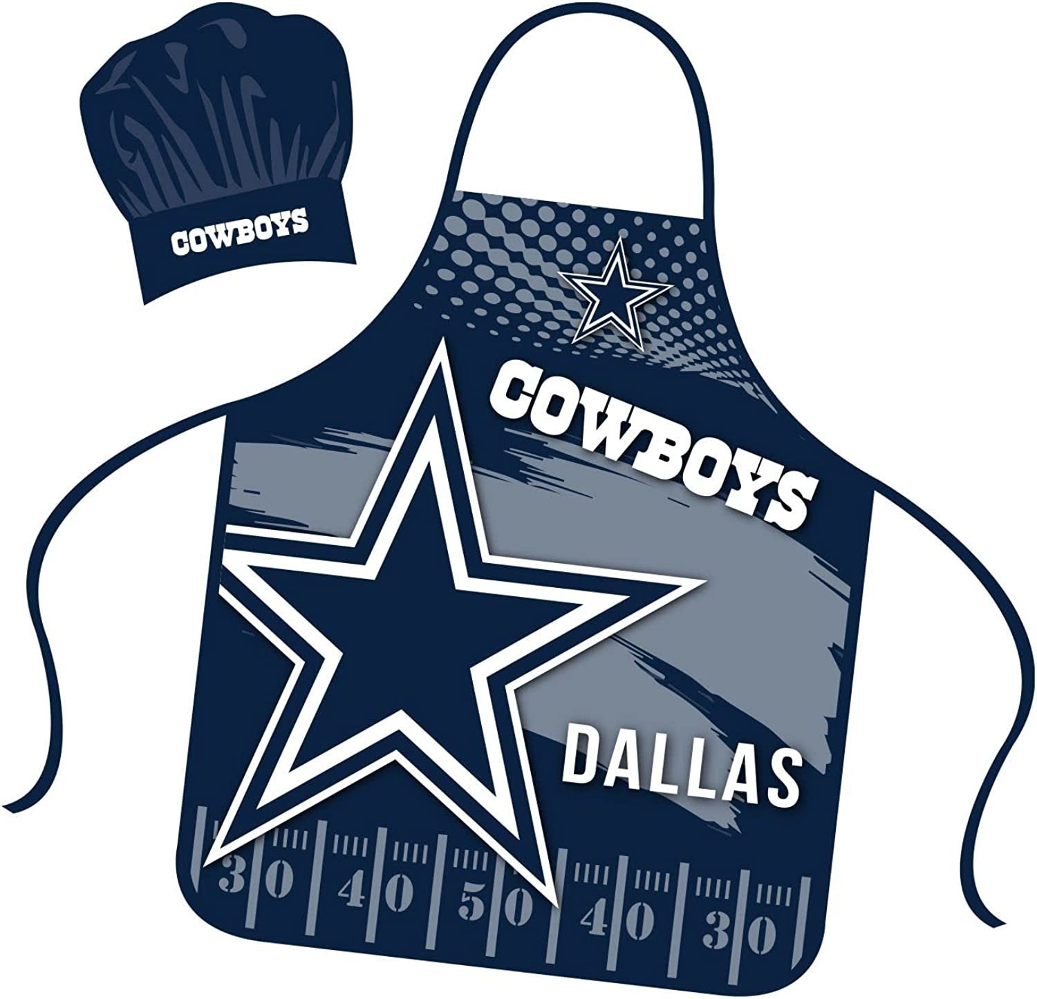 Dallas Cowboys Apron Chef Hat Set Full Color Universal Size Tie Back Grilling Tailgate BBQ Cooking Host