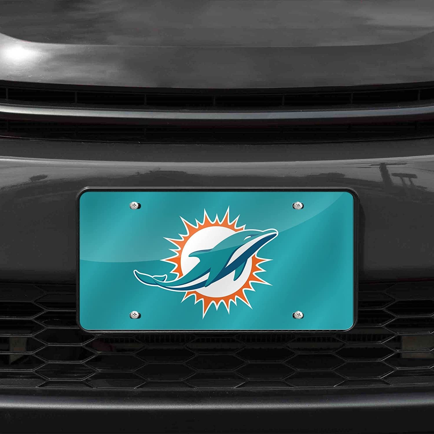 Miami Dolphins Premium Laser Cut Tag License Plate, Aqua Mirrored Acrylic Inlaid, 12x6 Inch