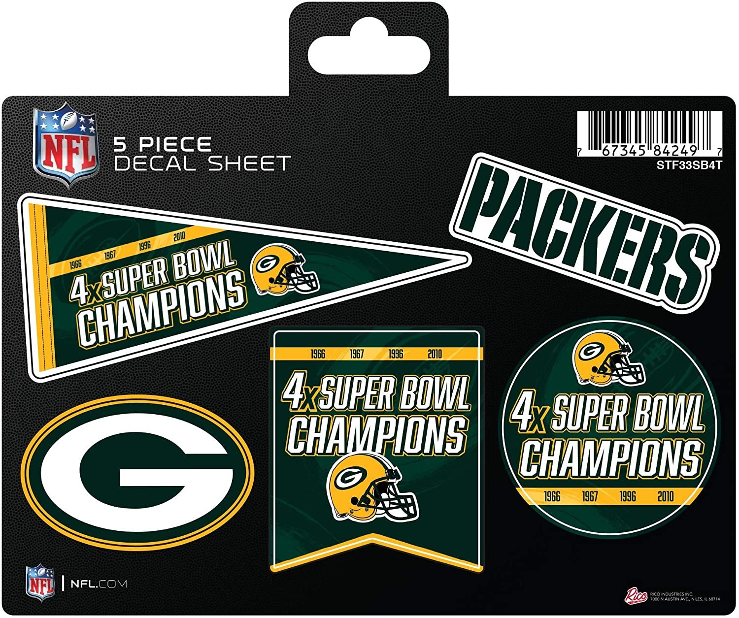 Packers Decal Sticker 4X Time Champions 5 Piece Multi Sheet Flat Vinyl Emblem Super Bowl Football