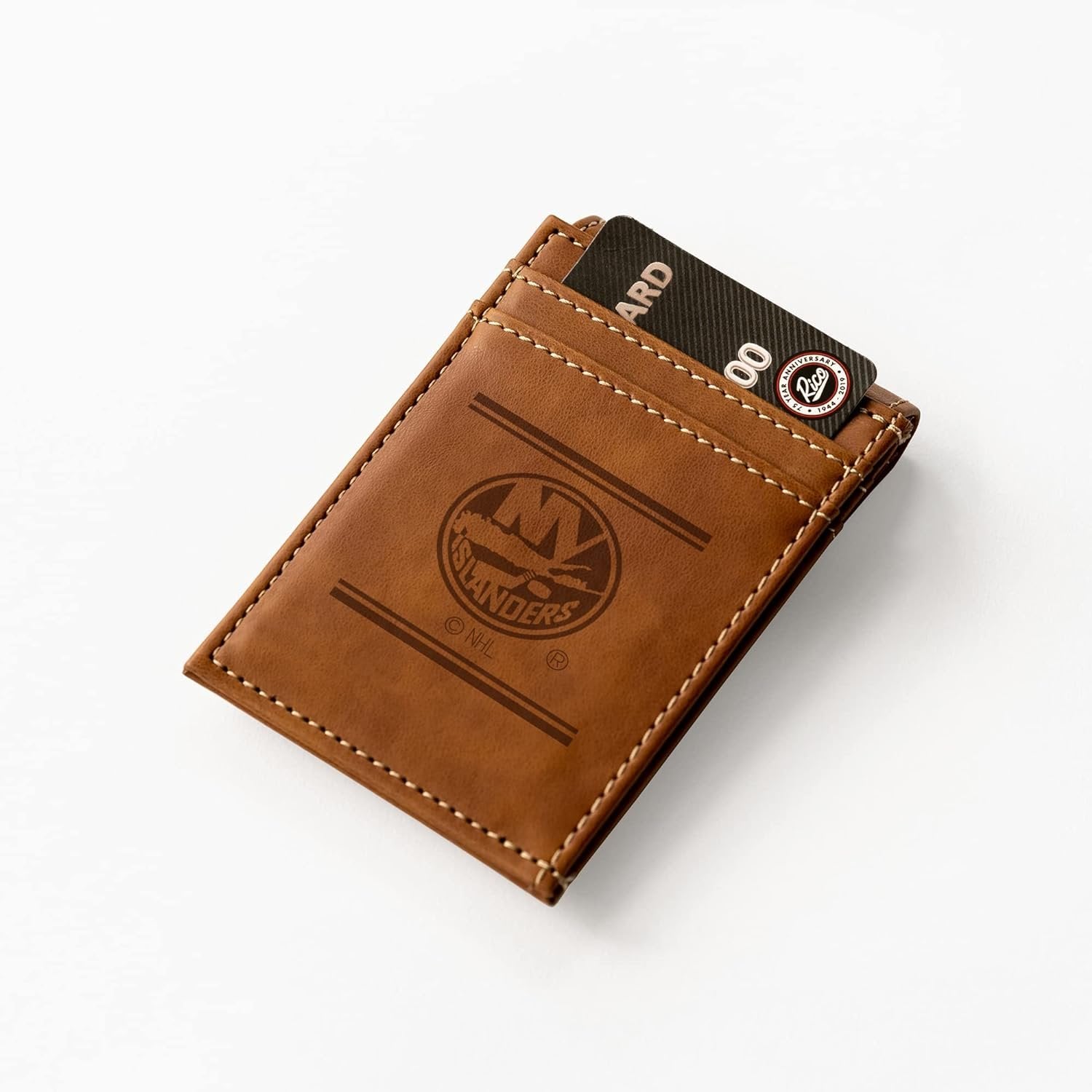 New York Islanders Premium Brown Leather Wallet, Front Pocket Magnetic Money Clip, Laser Engraved, Vegan