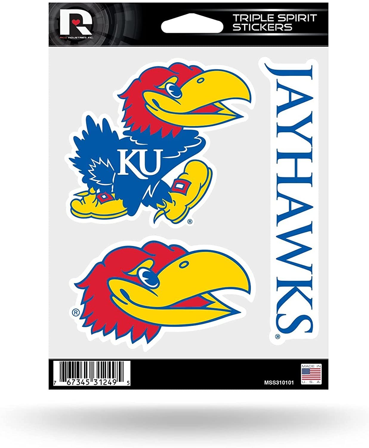 University of Kansas Jayhawks 3 Piece Decal Sheet Triple Sticker
