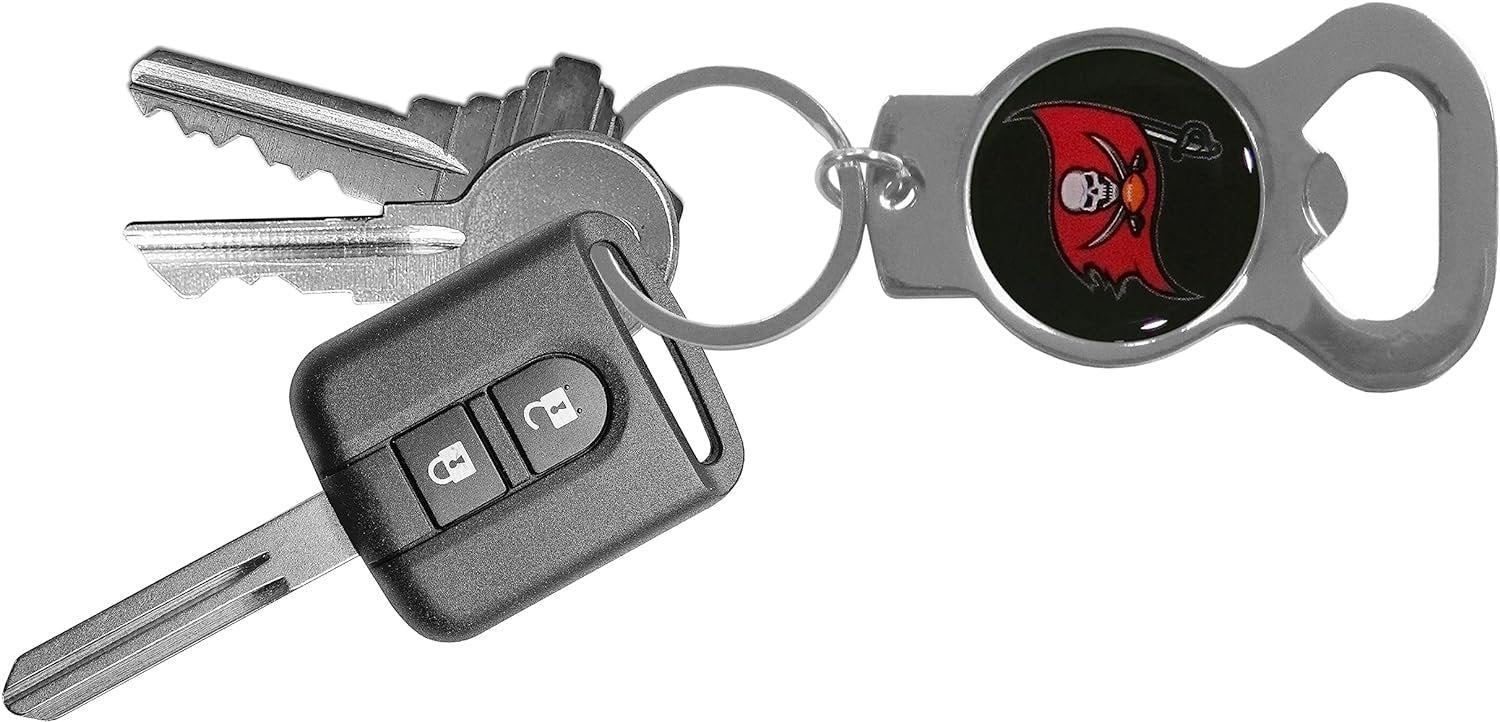 Tampa Bay Buccaneers Premium Solid Metal Bottle Opener Keychain, Silver Key Ring, Team Logo