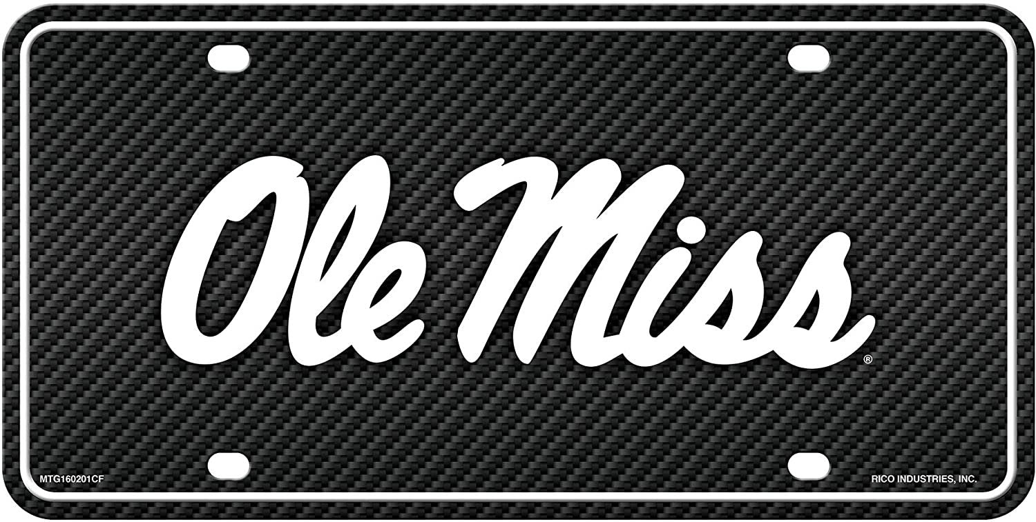 University of Mississippi Rebels Ole Miss Metal Auto Tag License Plate, Carbon Fiber Design, 6x12 Inch