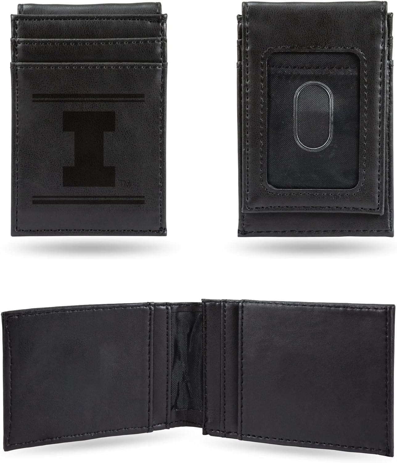 University of Illinois Fighting Illini Premium Black Leather Wallet, Front Pocket Magnetic Money Clip, Laser Engraved, Vegan